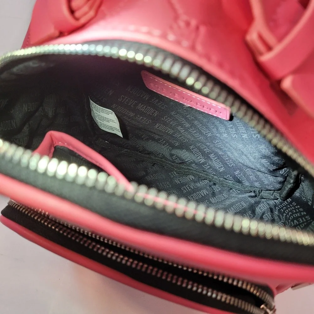 Steve‎ Madden Mini Backpack Women Pink Quilted Monogram Logo Embossed Small Bag